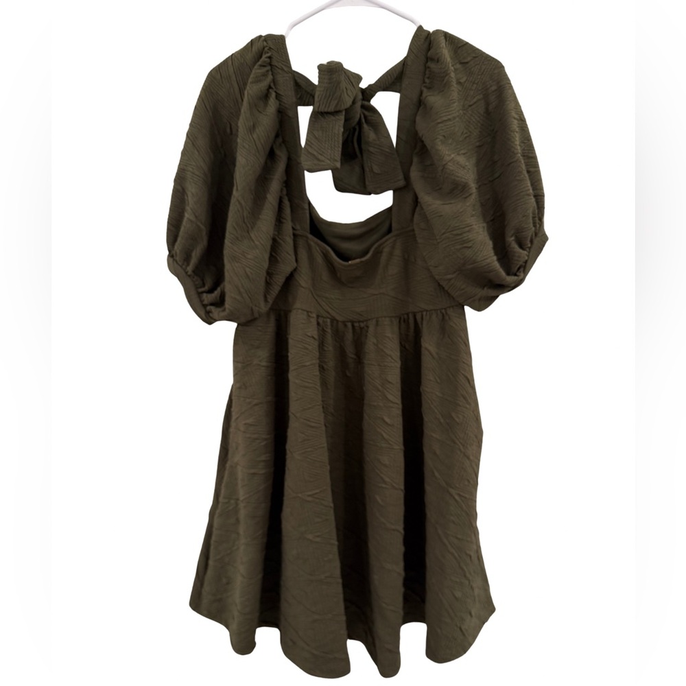 Elegant Olive Green Puff Sleeve Dress - Picture 3 of 3